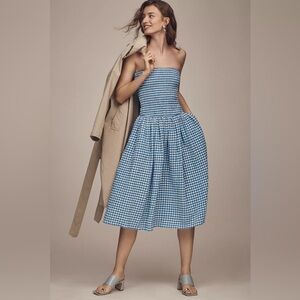 NWT Anthropologie Maeve Strapless Smocked Blue Plaid Gingham Midi Dress Medium 🐢